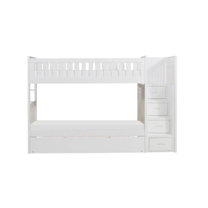 Galen Bunk Bed w/ Reversible Step Storage and Twin Trundle in White B2053SBW-1*R