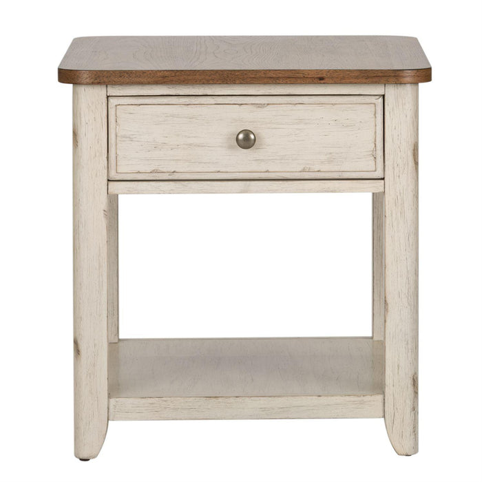 Liberty Farmhouse Reimagined End Table with Basket in Antique White - Furniture Max (Falls Church,VA) *