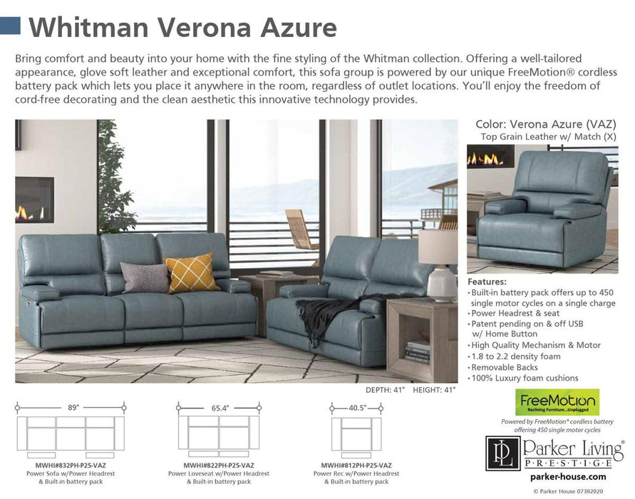 Parker House Whitman Power Cordless Sofa in Verona Azure - Furniture Max (Falls Church,VA) *