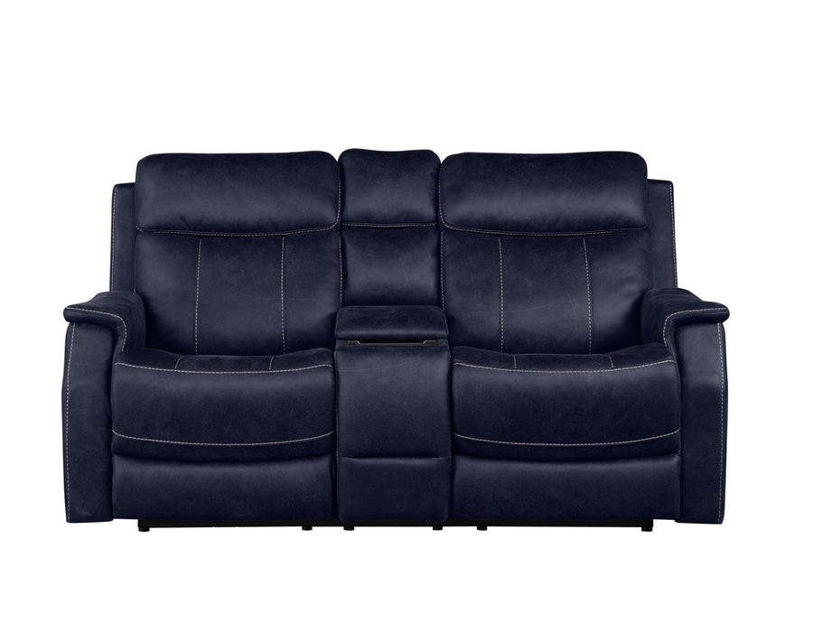 Steve Silver Valencia Dual Power Leatherette Reclining Console Loveseat in Ocean Blue - Furniture Max (Falls Church,VA) *