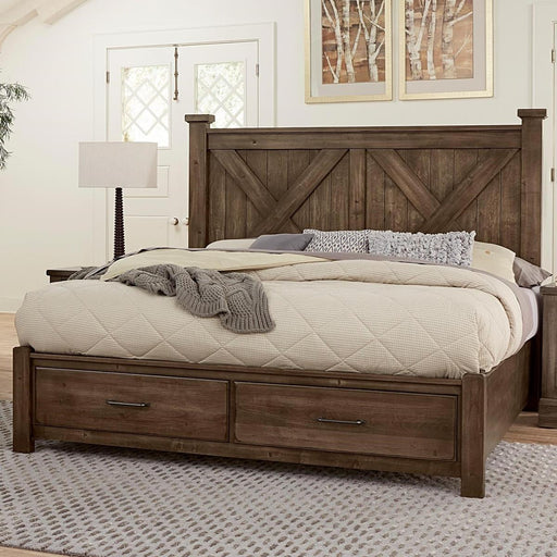 Vaughan-Bassett Cool Rustic Queen Barndoor X Headboard with Storage Footboard Bed in Mink - Furniture Max (Falls Church,VA) *