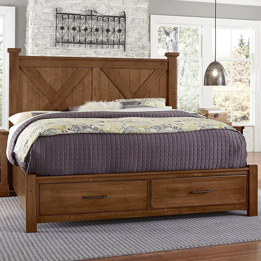 Vaughan-Bassett Cool Rustic Queen Barndoor X Headboard with Storage Footboard Bed in Amber - Furniture Max (Falls Church,VA) *