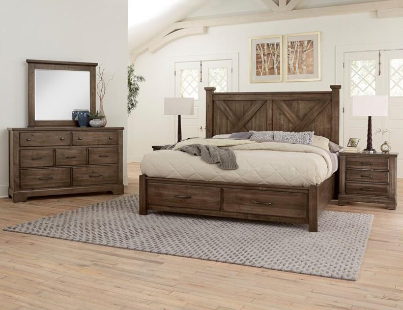 Vaughan-Bassett Cool Rustic Queen Barndoor X Headboard with Storage Footboard Bed in Mink - Furniture Max (Falls Church,VA) *